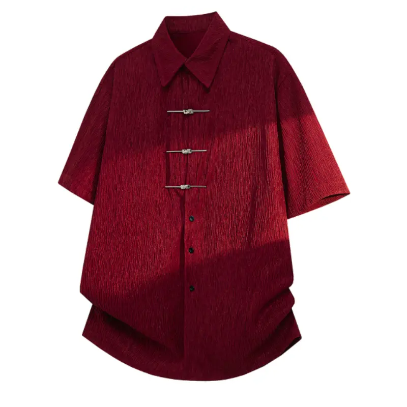 Men's Short Sleeve Button-Up Shirt with Mixed Closure Placket (Frog Buttons and Standard Buttons), Textured Vertical Pleated Fabric, Point Collar, Drop Shoulder Fit, and Curved Hemline for Modern Eastern-Inspired Style # SummerWins