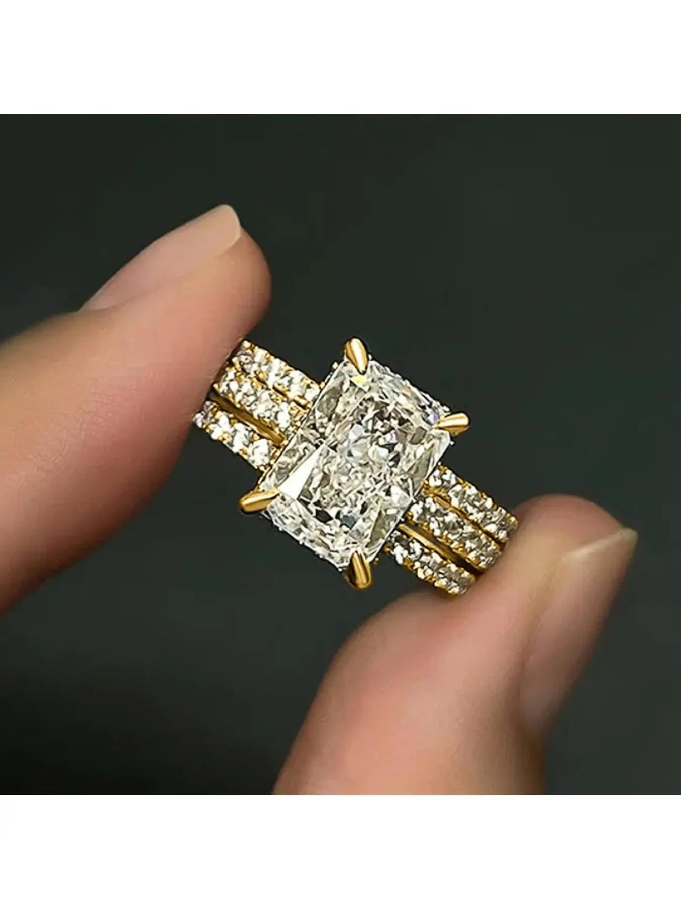 Elegant, luxurious, fashionable and personalized three piece set of rectangular cubic zirconia women's rings with inlaid rectangular shape