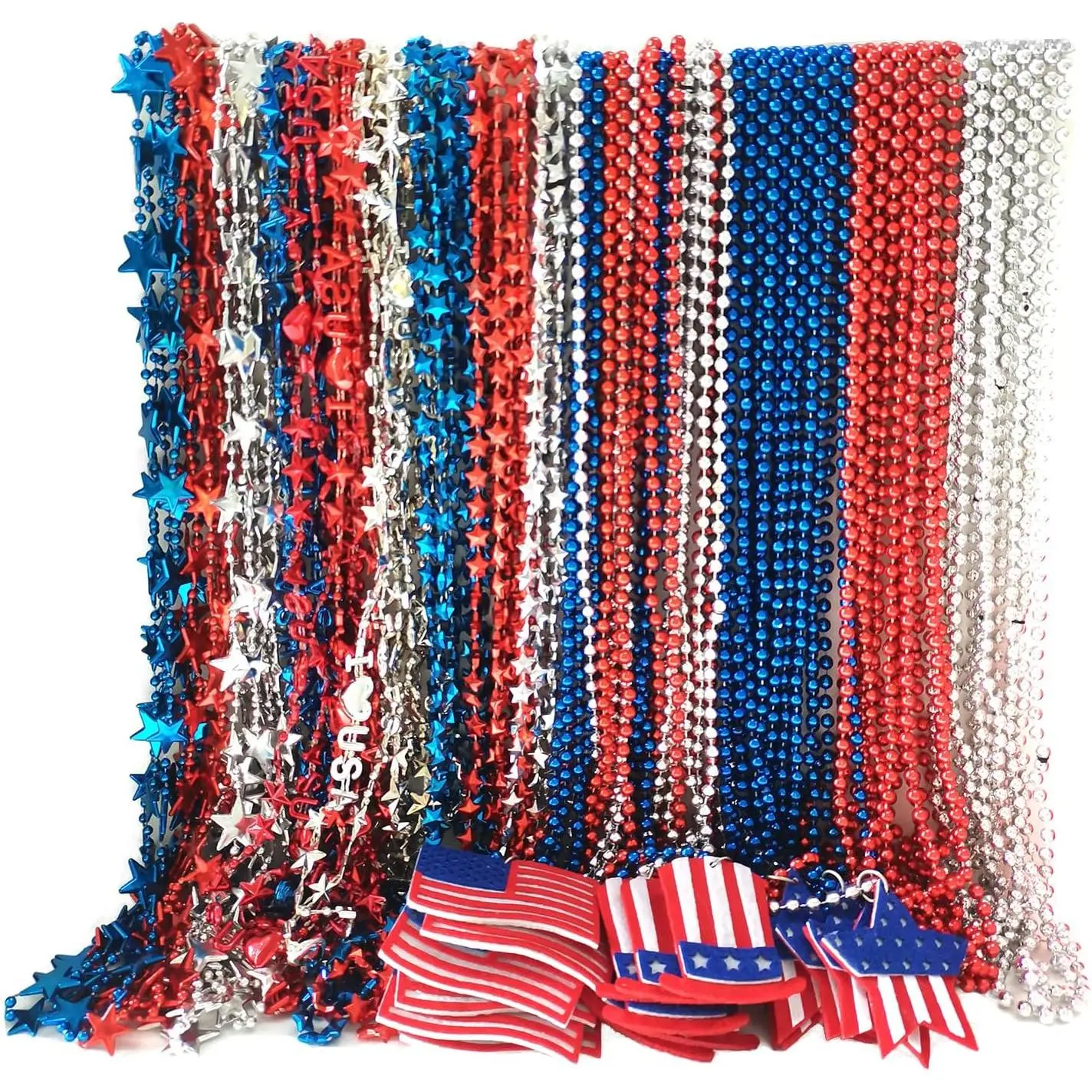 100 Pcs 4th of July Bead Necklaces, Blue Red Silver Patriotic Beaded Necklaces Parade Necklaces Bulk For Independence Day, 4th of July Decoration, Veteran Day Decor