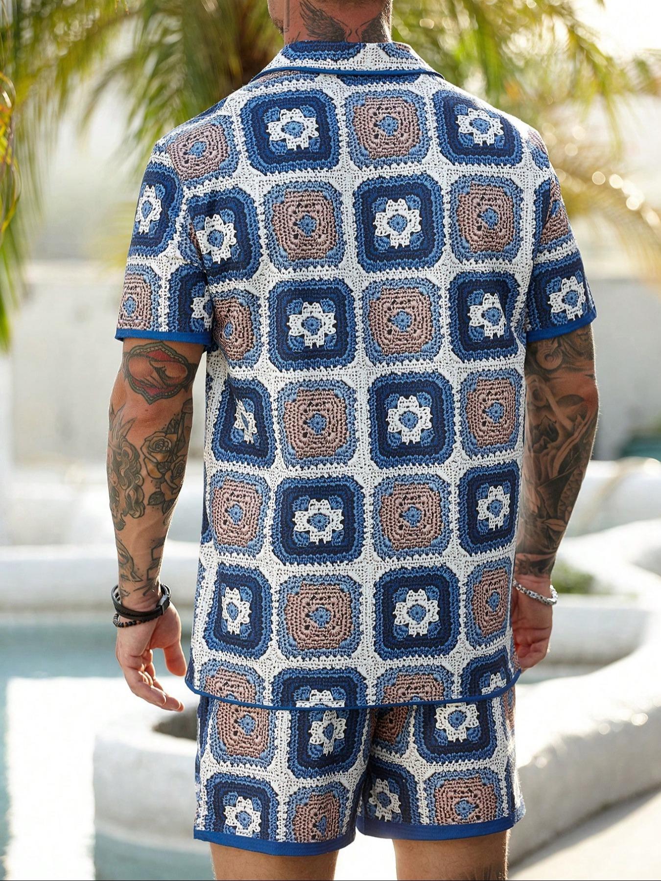 Two-Piece Set Men's Regular Fit Tropical Floral Print Button Shirt & Drawstring Waist Shorts Set, Casual Short Sleeve Collared Top & Pocket Shorts, Men's Two-piece Outfits for Summer Beach Vacation