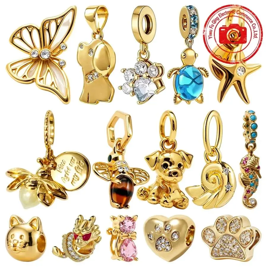 New Golden Animal Charms DIY Jewelry Gifts Firefly Bee Butterfly Sea Turtle Seahorse Pet Cat Lion Beads Fit Original Bracelets