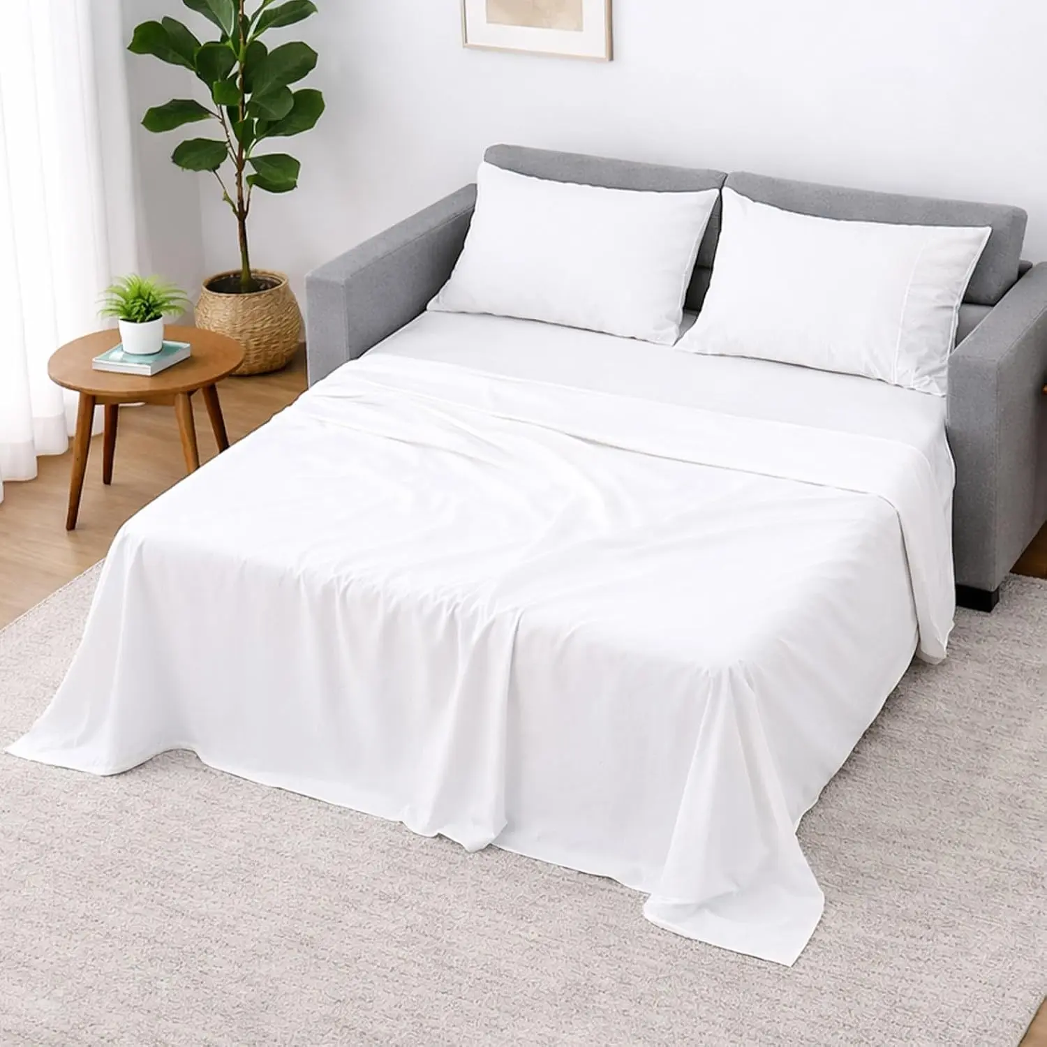 Sleeper Sofa Sheets Queen Size, 4 Piece Premium Quality 100% Egyptian Cotton Sofa Bed Sheet Set for Pull Out Couch, Loveseat & Sectional, 6 Inch Deep Pocket, White