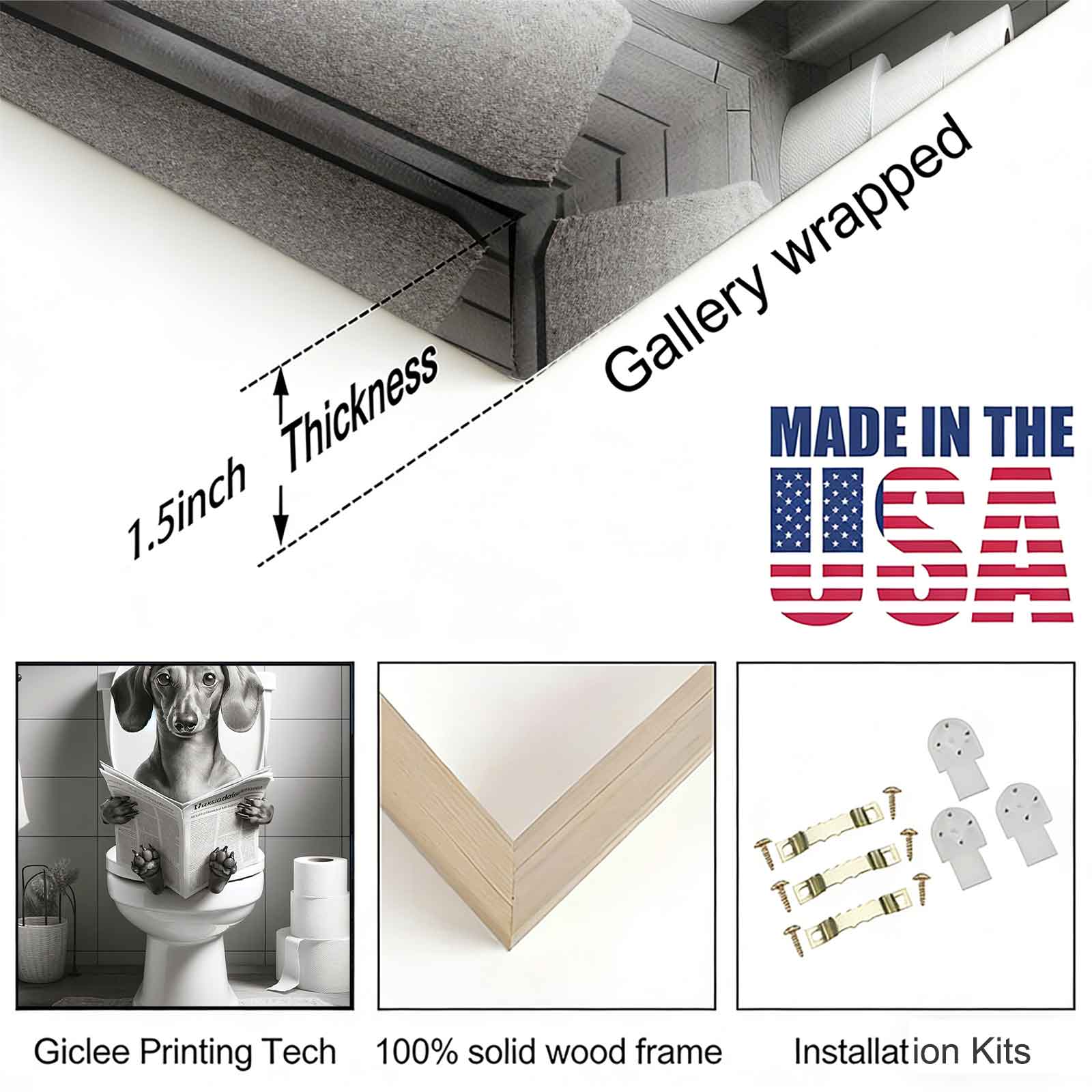 Black & White Dachshund on Toilet Reading Newspaper Canvas Wall Art, Funny Bathroom Decor, Humorous Dog Print, Unique Washroom Decoration, Gift for Dachshund Lovers