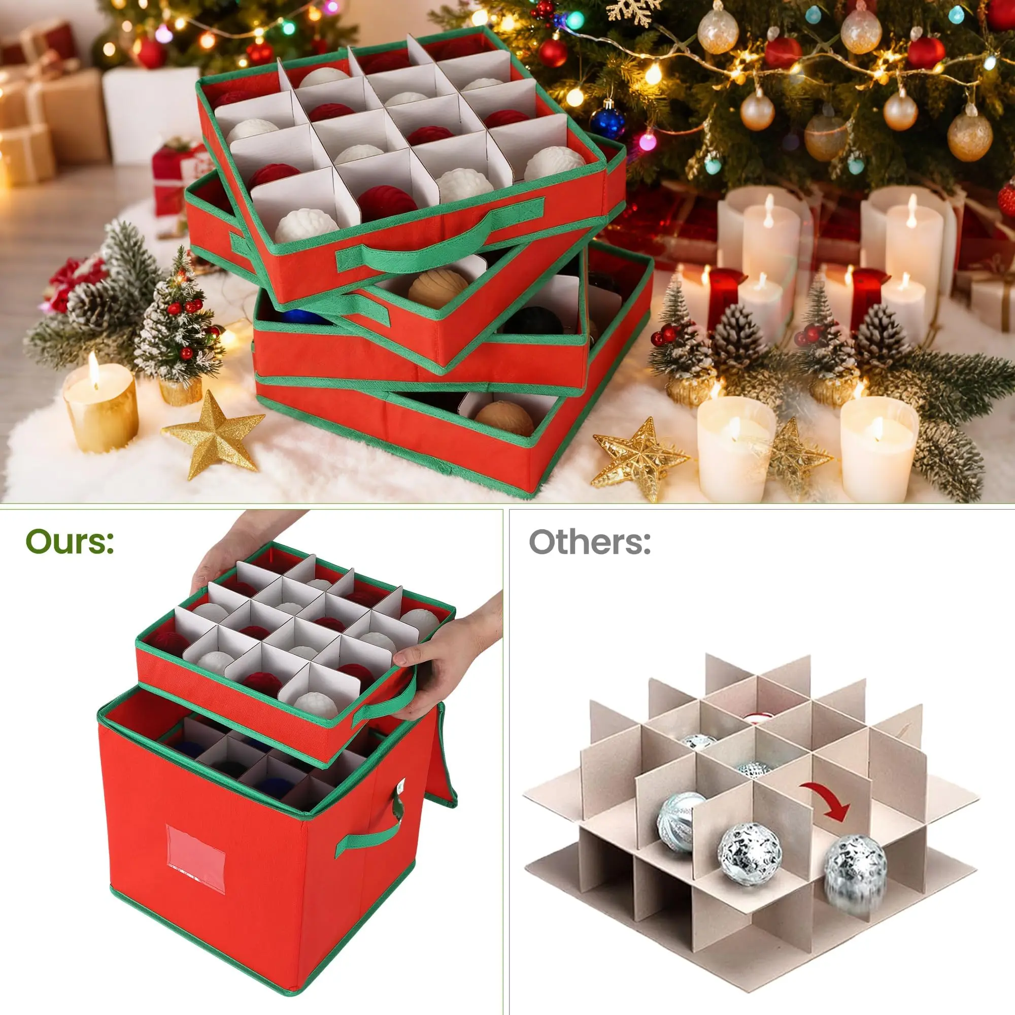 IdealHouse Large 2-Pack Collapsible Christmas Ornament Storage Boxes - Adjustable Dividers, Removable Trays, Dual Zipper, Tear-Resistant Fabric, Easy-Carry Handles - Holds 128 Ornaments, Home Organizer for Seasonal Decor