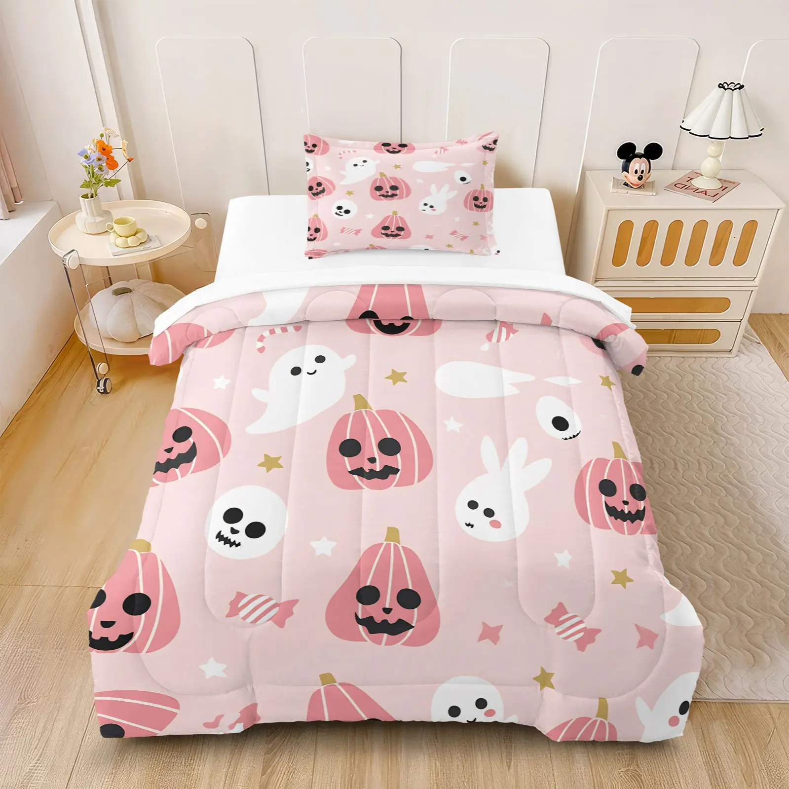 2/3Pcs Pink Orange Gradient Pumpkin Star Skull Quilt Set, Trendy Print Machine Washable, Thick Pressure-Free Filling, Festive Home Bedding (With Filling, No Pillows)