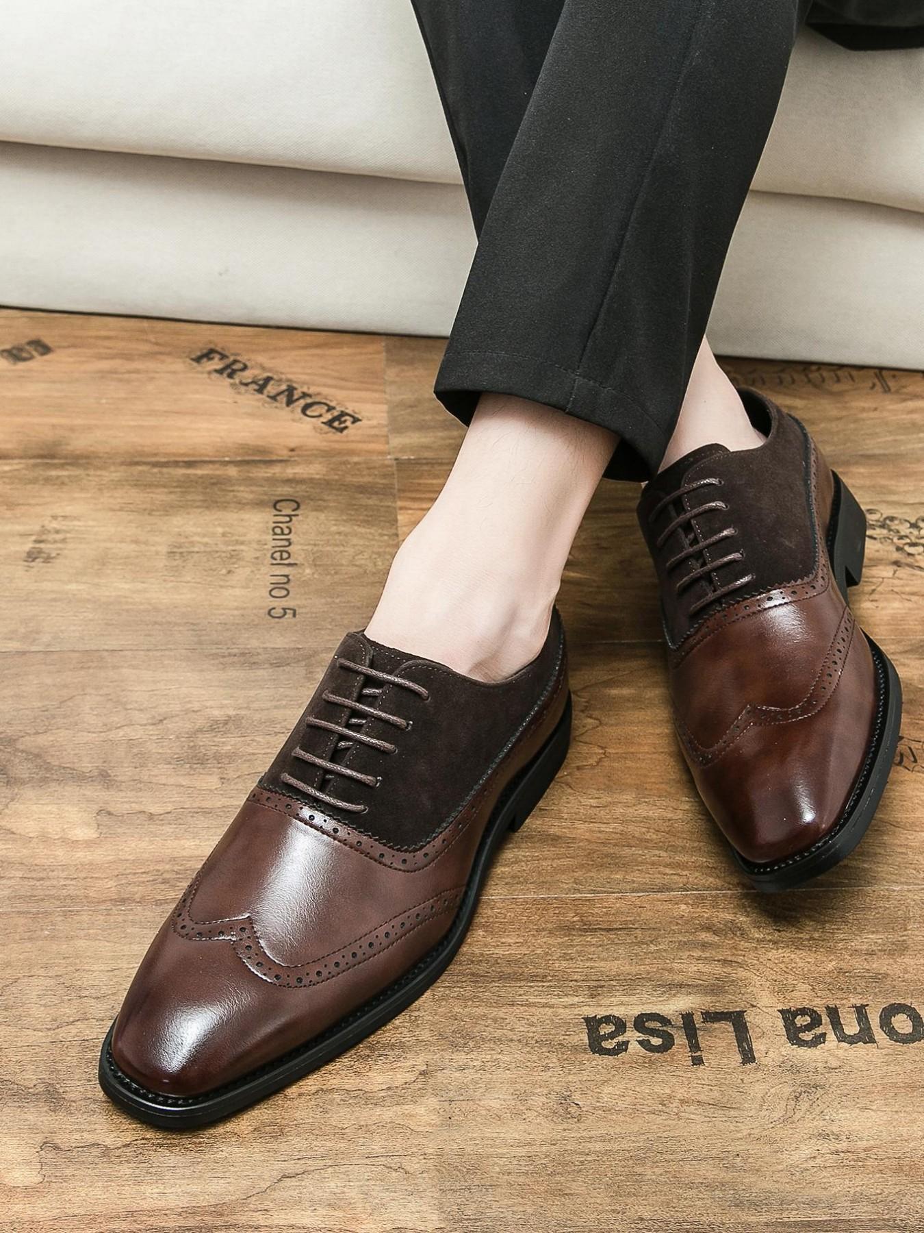 Men's Business Formal Lace Up Patchwork Design Dress Shoes, Fashionable Retro Style Shoes for Work Office, Male All-match Shoes for Daily Wear