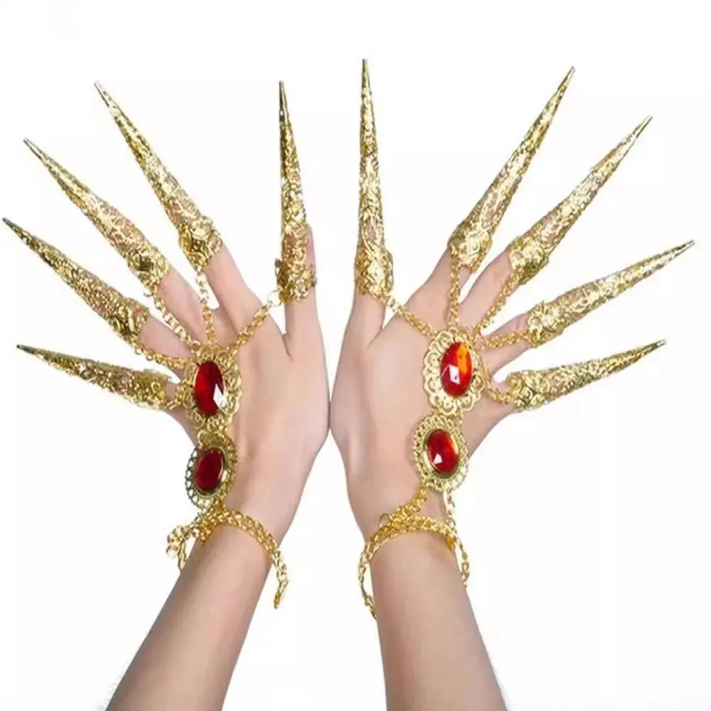 Women's Qing Dynasty Style Antique Chinese Filigree Nail Guard Armor Bracelet with Chain Link Strap, Traditional Ethnic Ornate Faux Luxury Costume Jewelry Accessory, Bracelets & Bangles, Traditional Ethnic Style Bracelets & Bangles, Armor Bracelets & Bang