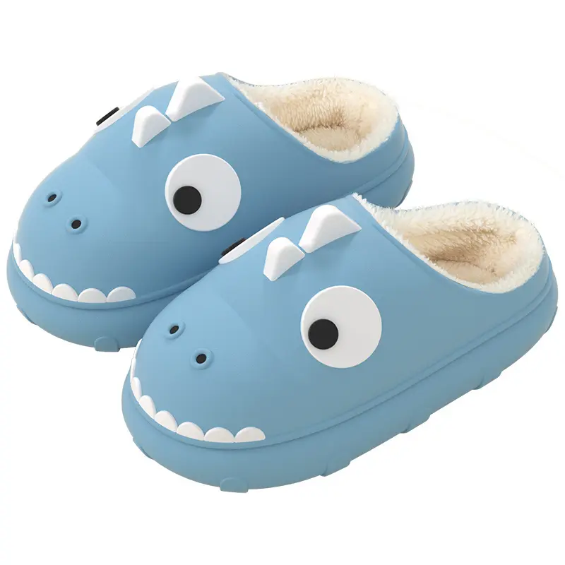 Cute and versatile casual little dinosaur waterproof cotton couple slippers for men and women, winter EVA plush closed-toe slippers, non-slip, suitable for outdoor wear, cartoon home furry slippers 1059