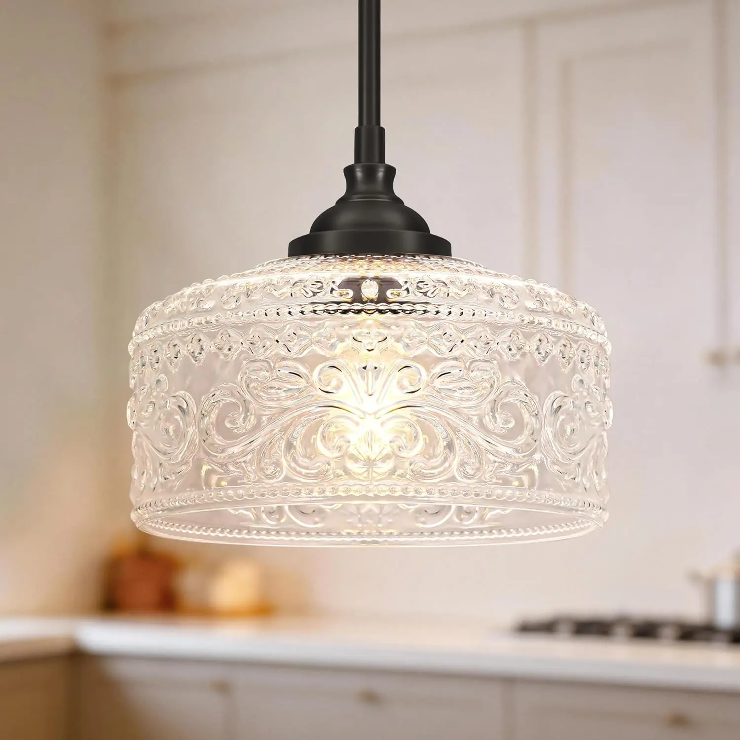 Black Vintage Pendant Lights Kitchen Island, Adjustable Height Kitchen Island Lighting, Bathroom Pendant Light with Clear Glass Shade- Dual Mount Ceiling & Hanging Fixtures with 90° Swivel for Decor