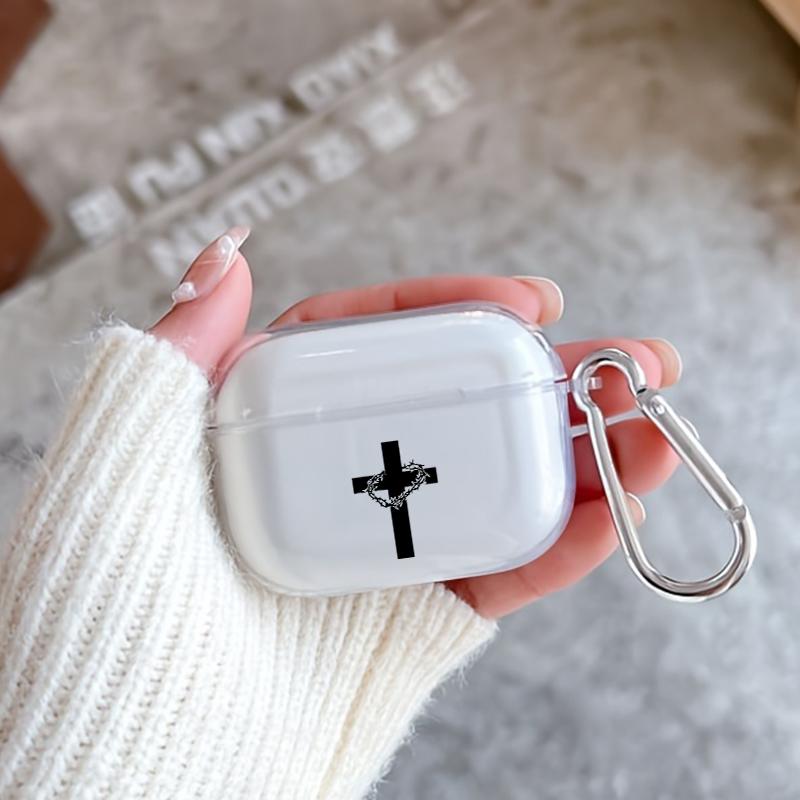 Cross Thorns Pattern Protective Case for AirPods 4/3/2/1/Pro/Pro2 Soft TPU Earphone Cover, Transparent with Keychain
