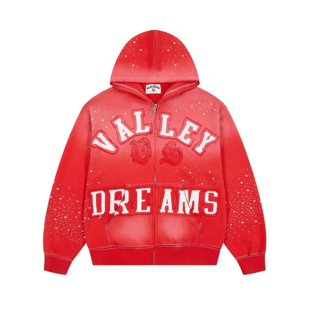 VALE Classico Black Zip Up Hoodie, Rhinestone Patch Embroidery Graphic Sweatshirt, Vintage Washed Cotton Jacket, Distressed Y2K Hip Hop Streetwear Outerwear