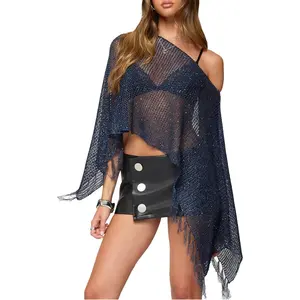 Sheer Poncho Top Glitter Mesh Lightweight Knit Crochet Shrug Batwing Sleeve Sweater Cover Up Beachwear