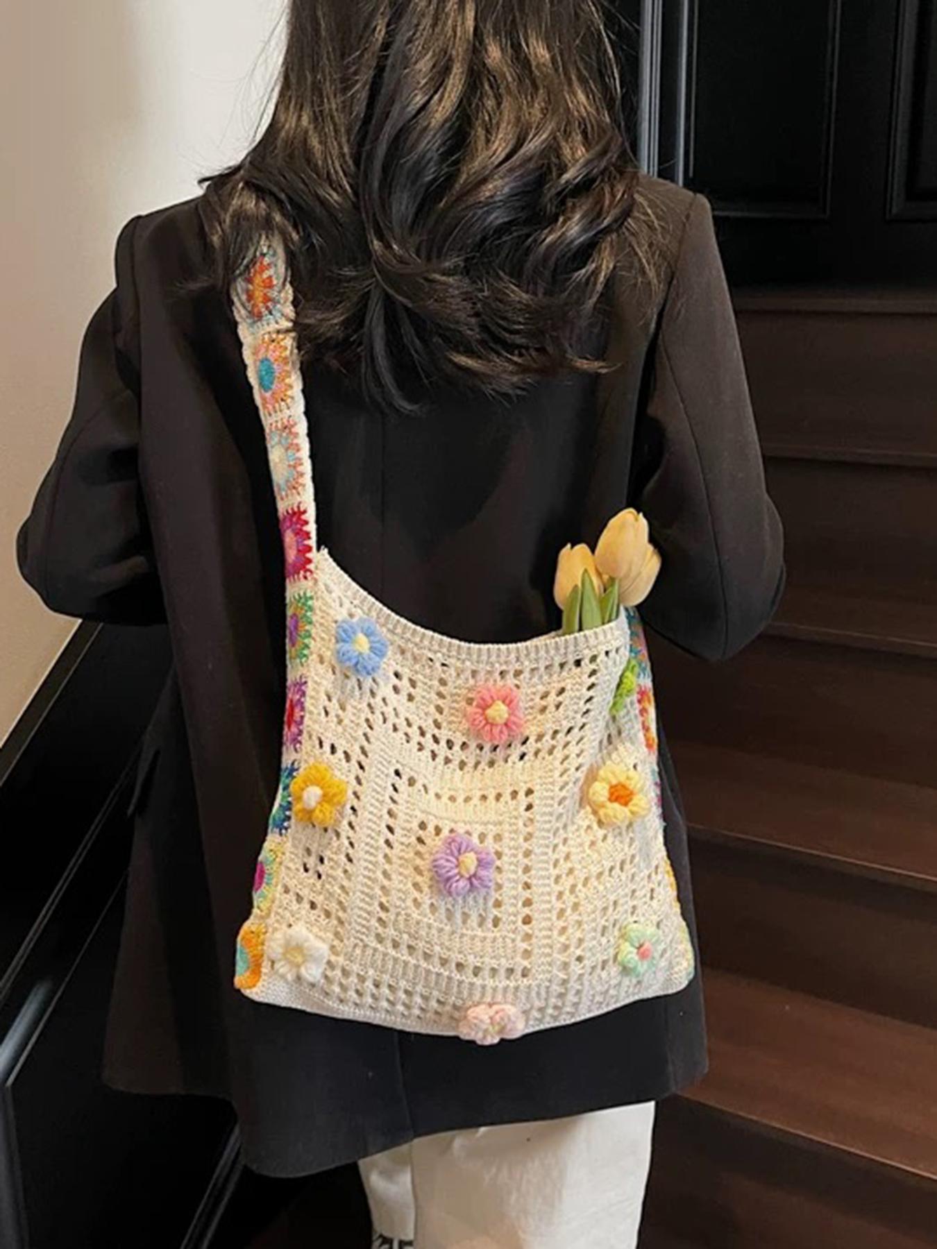 2026 Fashion Boho Crossbody Bag, Vintage Lace Floral Shoulder Bag, Random Flower Pattern, Casual Crochet Material, Trendy Accessory