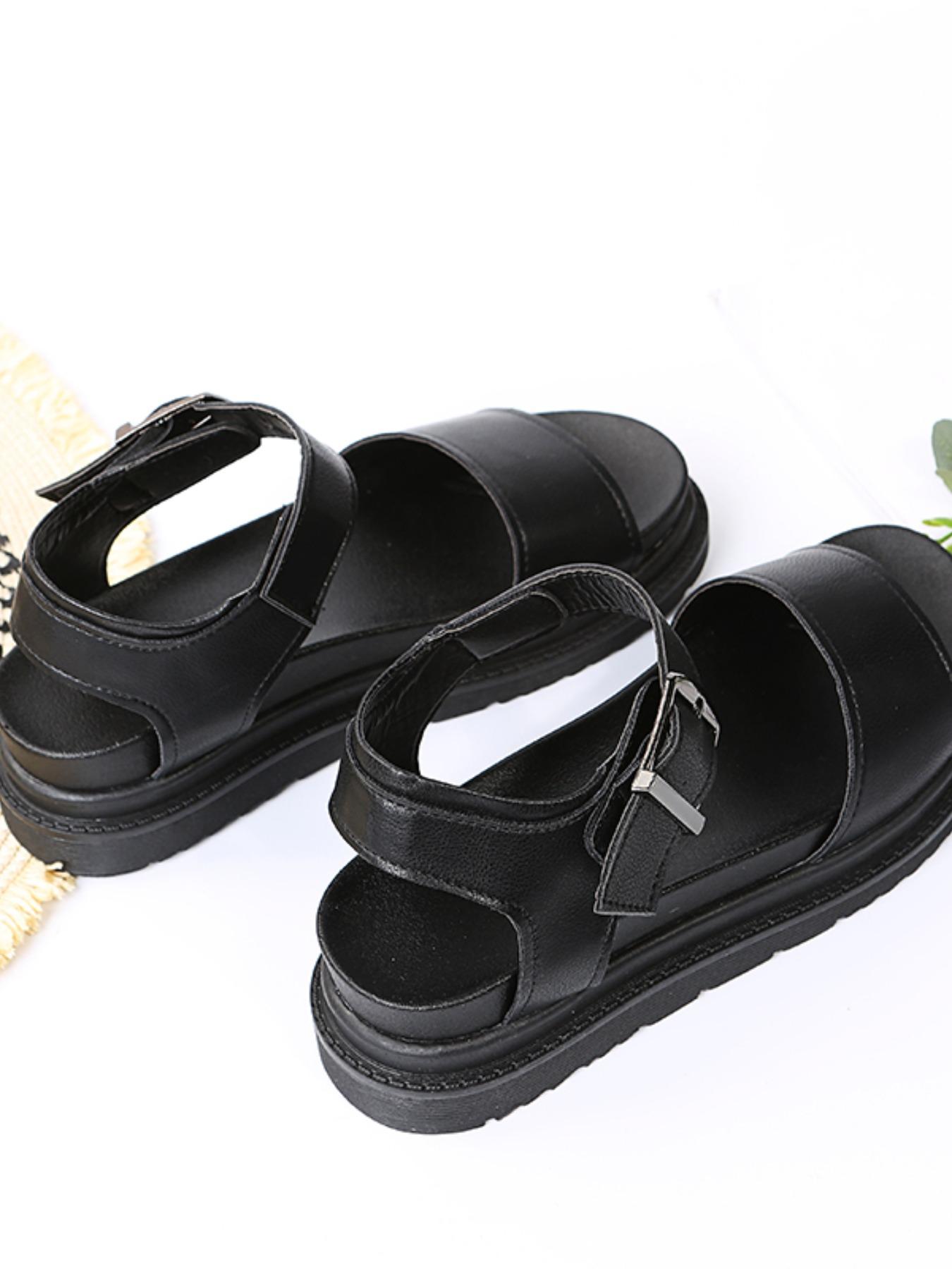 Women's Summer 2024 Fashionable Solid Color Ankle Strap Wedge Sandals, Girl Casual Beach Shoes, Buckle Decor Non-slip Sport Sandals