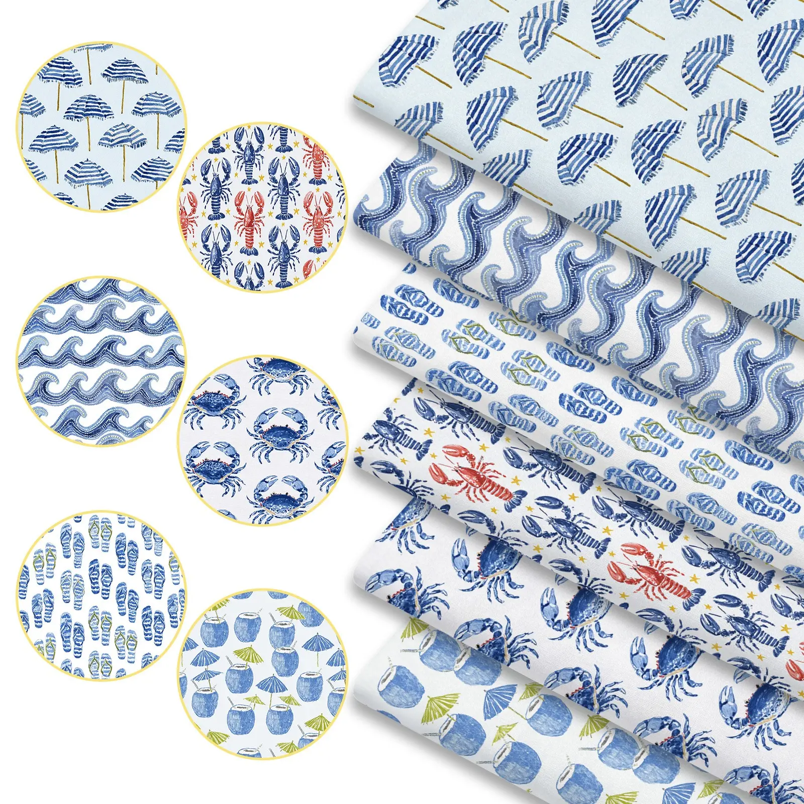 6pcs Vintage Coastal Graffiti Fabric Bundles, 45x50cm Retro Beach Surf Culture Print Fabric Squares for Quilting, Y2K Streetwear DIY Patchwork Material for Summer Bags, Headbands, Bucket Hats