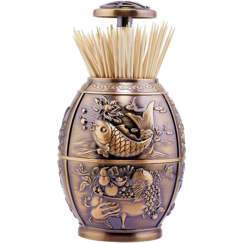 Push Style Retro Metal Automatic Toothpick Holder, House Warming Gifts, Retractable Toothpicks Case Can Box Organizer Storage Container, for  Restaurant Café Club Bar Hotel ( Red Bronze )