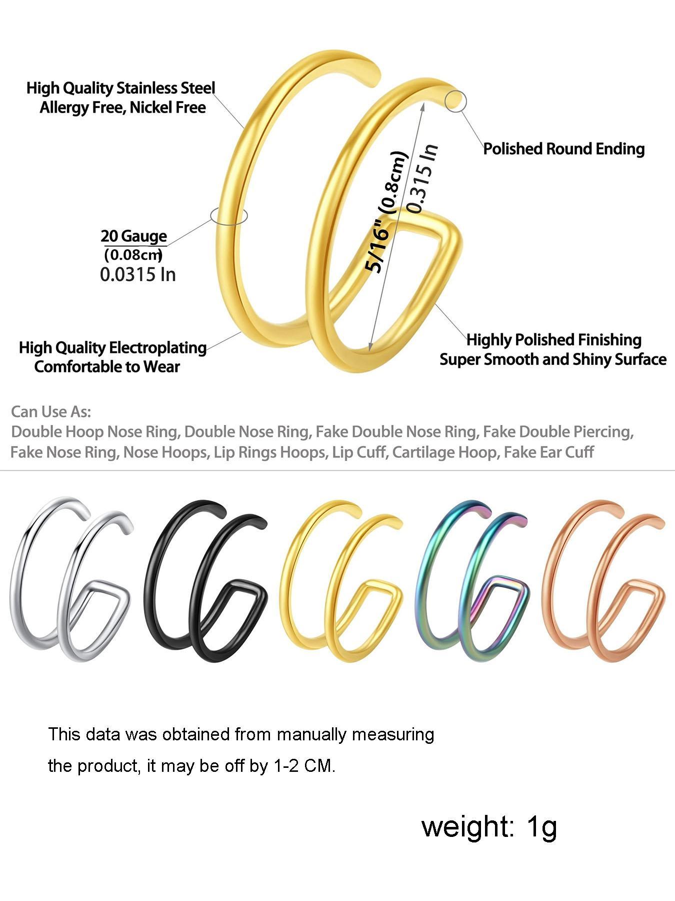 10pcs Stainless Steel Fake Nose Rings, No Piercing Nose Hoop Cuff Rings on Lip Ear, Body Jewelry for Men & Women