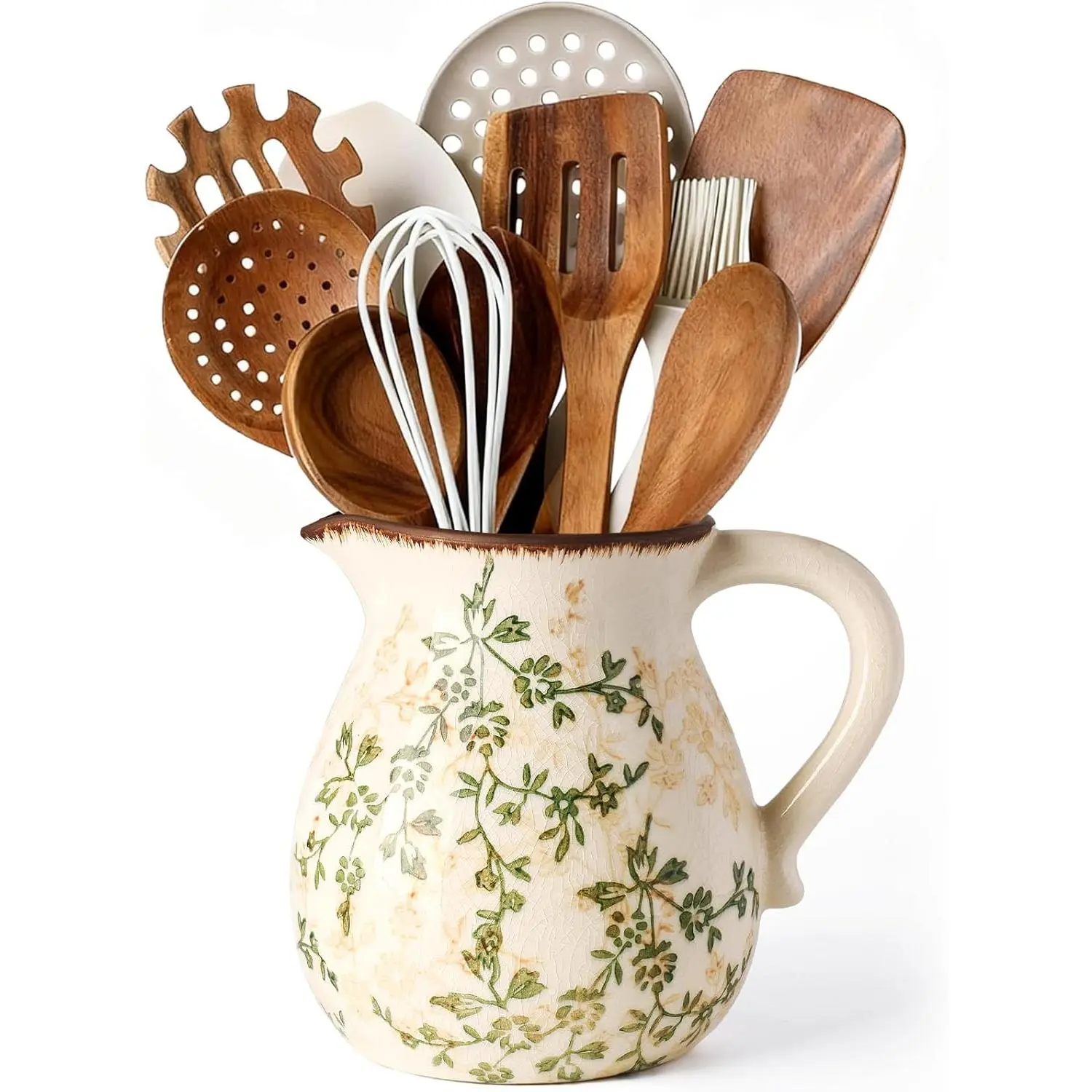Rustic Ceramic Utensil Holder, 6.1" Vintage Farmhouse Cooking Utensil Holder for Kitchen Counter, Modern Kitchen Utensil Organizer Crock for Kitchen Tools, Countertop & Home Decor