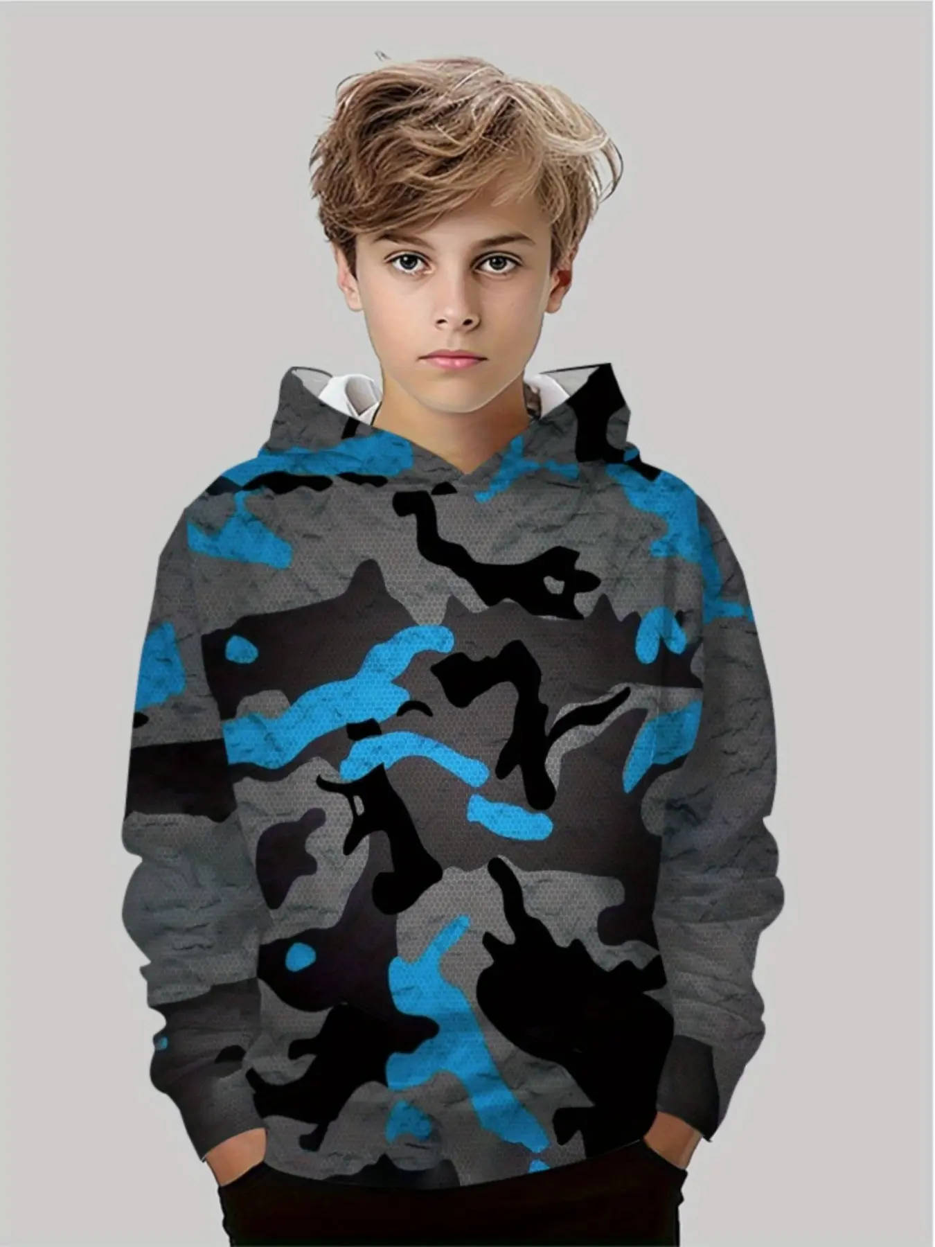 Camouflage Trendy Graphic Pullover Hoodie, Boys' Fashion Patchwork Print Sweatshirt, Autumn Season Loose-Fit Casual Style