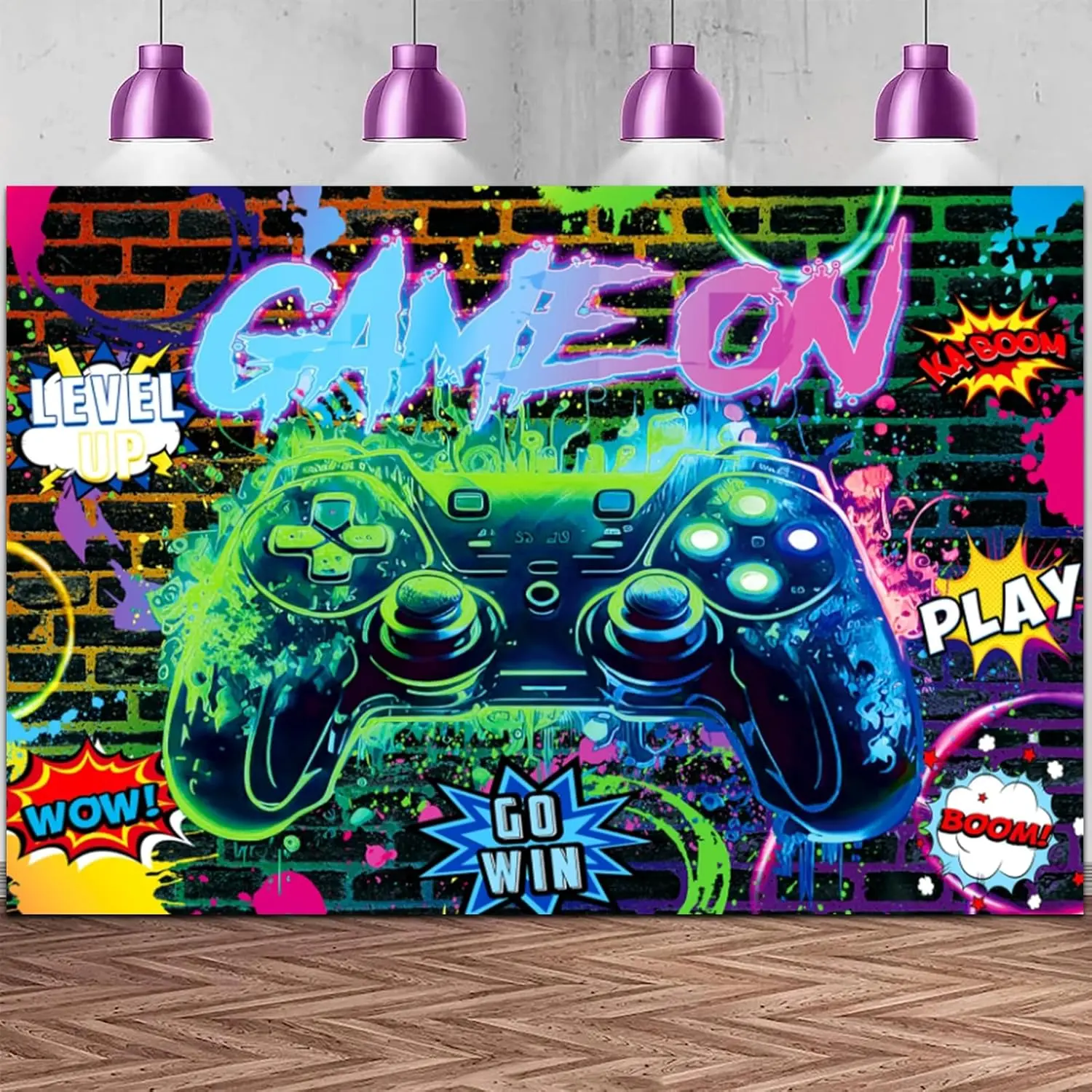 Video  Birthday Backdrop - 7x5FT Neon Graffiti Gaming Party Banner with Controller, Level Up Design and Brick Wall Background - Gamer Birthday Decorations for Boys  Teens