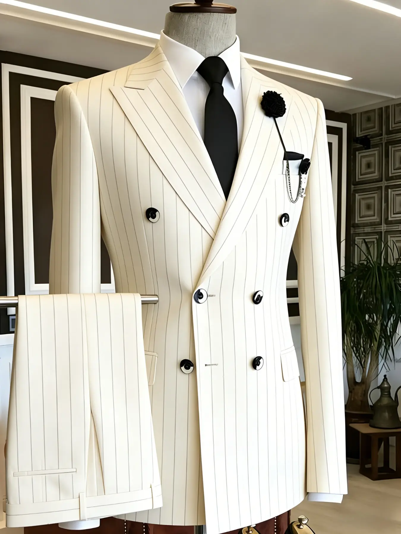 Ainwear Plus Size Men's Cream Pinstripe 2-Piece Suit, Double Breasted Blazer & Striped Pants, Formal Tuxedo for Weddings, Parties