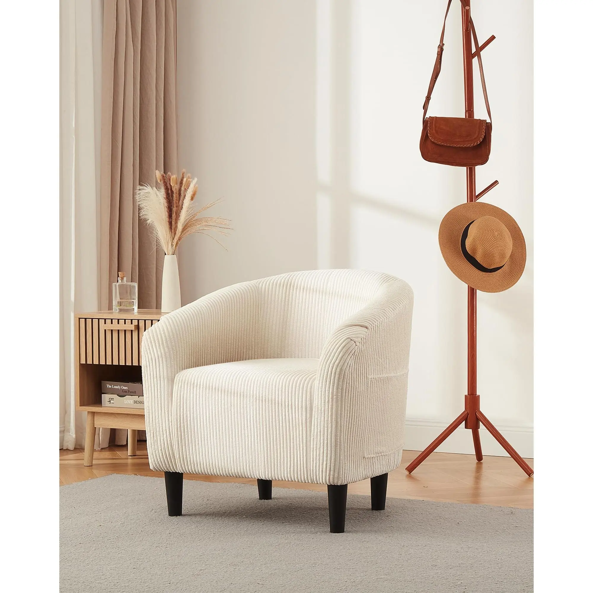 Boucle Barrel Accent Chair Only, Soft Upholstered Armchair with Round Back & Solid Legs, Comfort Club Chair for Living Room Bedroom Office Reception
