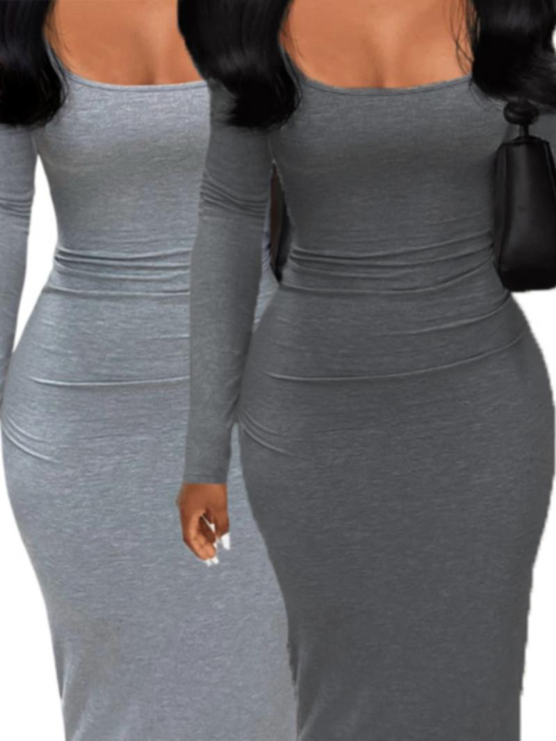 Women's Sexy Plain U Neck Long Sleeve Bodycon Dress, Minimalist Solid Tight Sleeve Long Dress for Fall, Ladies Clothes for Fall