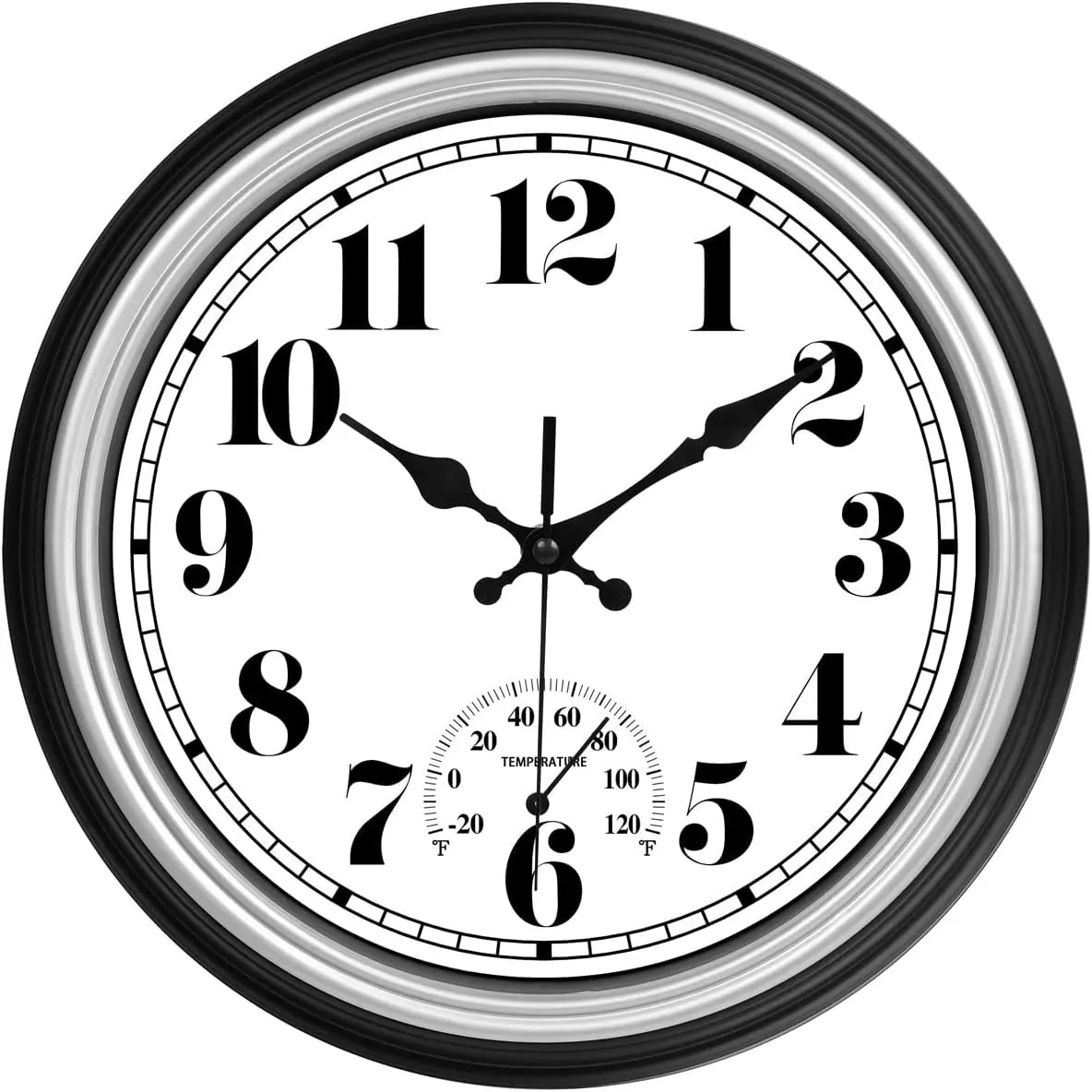 12 Inch Indoor/Outdoor Retro Waterproof Wall Clock with Thermometer - Silent Round Quartz Battery Operated, Easy to Read, Decorative for Kitchen, Patio, Bathroom, Deck, Porch, Pool (Silver)Gift
