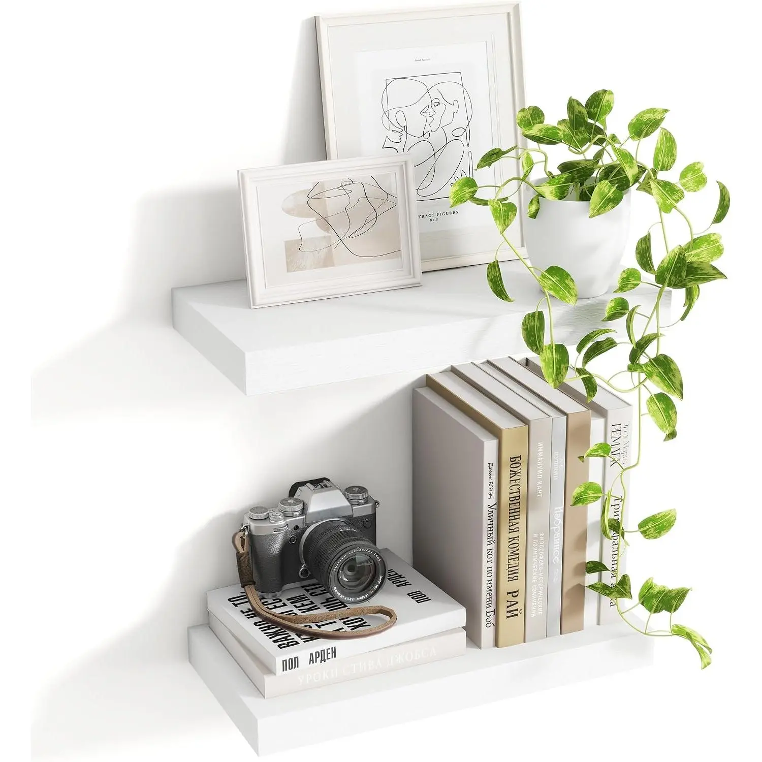 16 Inch Floating Shelves, 8 Inch Deep Floating Shelves for Wall, Shelf with Invisible Brackets, Deep Shelves for, Bedroom, Living Room, White, Set of 2