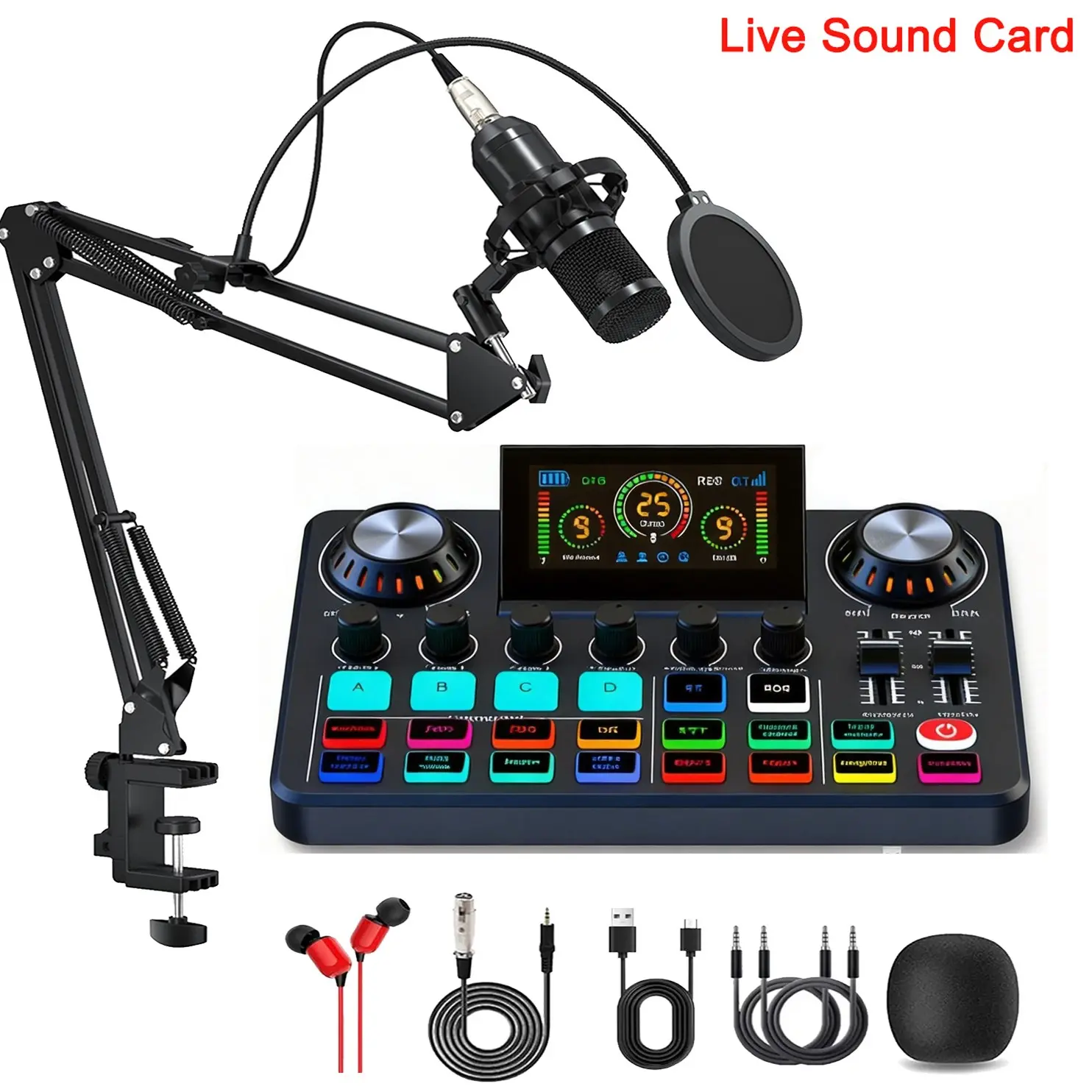 DJ mixer audio interface soundboard, with BM-800 condenser microphone sound card set, 3D foldable screen mixing console with OTG, Podcast Studio Equipment, used for streaming media, podcast recording, Tiktok, PC, smartphone