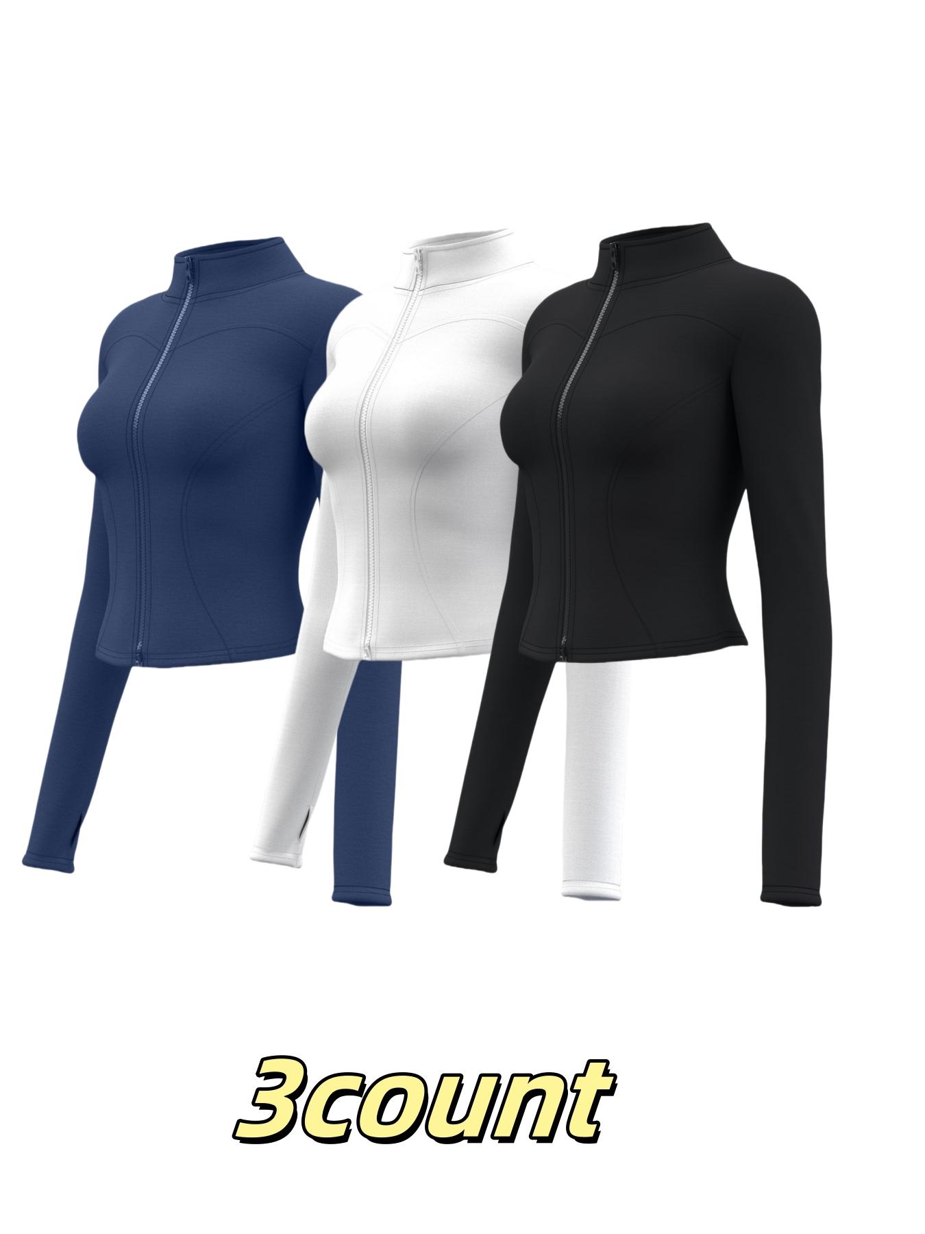 Women's Solid Thumb Hole Zip Up Sports Jacket, Thumb Holes Jacket, Long Sleeve Stand Collar Zip Front Outerwear for Gym Workout Running, Ladies Sportswear for All Seasons