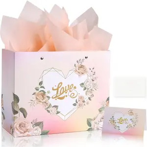 Love  Bag with Tissue Paper, Greeting Card & Envelope, Heart & Champagne Rose Design,  Bag for Anniversary, Birthday, Mother's Day, Wedding & Romantic Occasions, 12 x 9.5 x 5.3 Inches