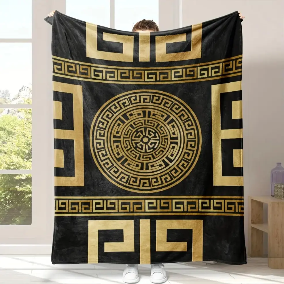 Luxurious Black and Golden Geometric Flannel Blanket - Soft, Cozy Chic, All-Season Use, Baby Blankets and Adult Blankets, Elegant Digital Print Decorative Throw Blanket, Perfect for Bedding, Couch, Bedroom Home Decor and Holiday Gifting birthday gift