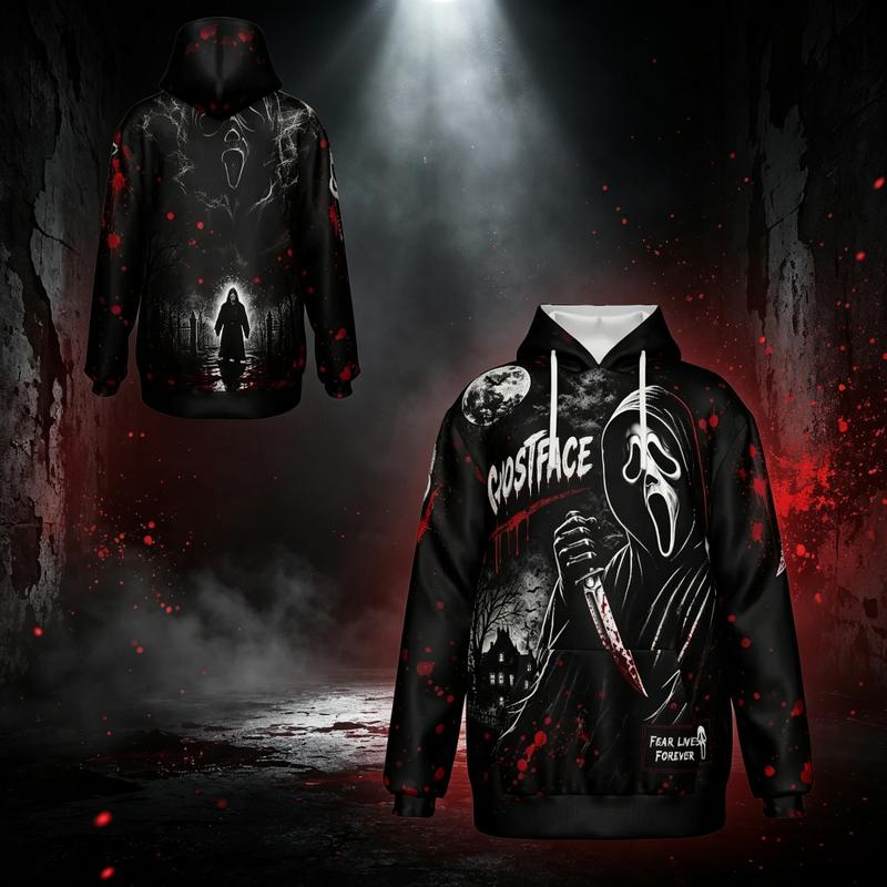 Halloween Horror Classic Villains Pullover Hoodie With Front Kangaroo Pocket, 3D Full Print Casual Sweatshirt, Spooky Movie Graphic Street Hoodie For Men & Women