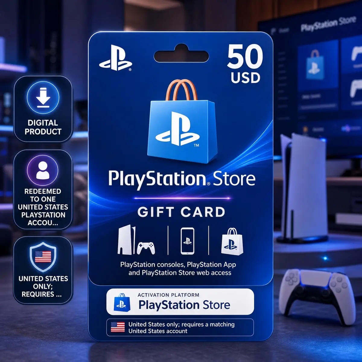 PlayStation Store Gift Card 50 USD Digital Code — United States, Gift Card, PlayStation consoles, PlayStation App and PlayStation Store web access, PlayStation Store, United States