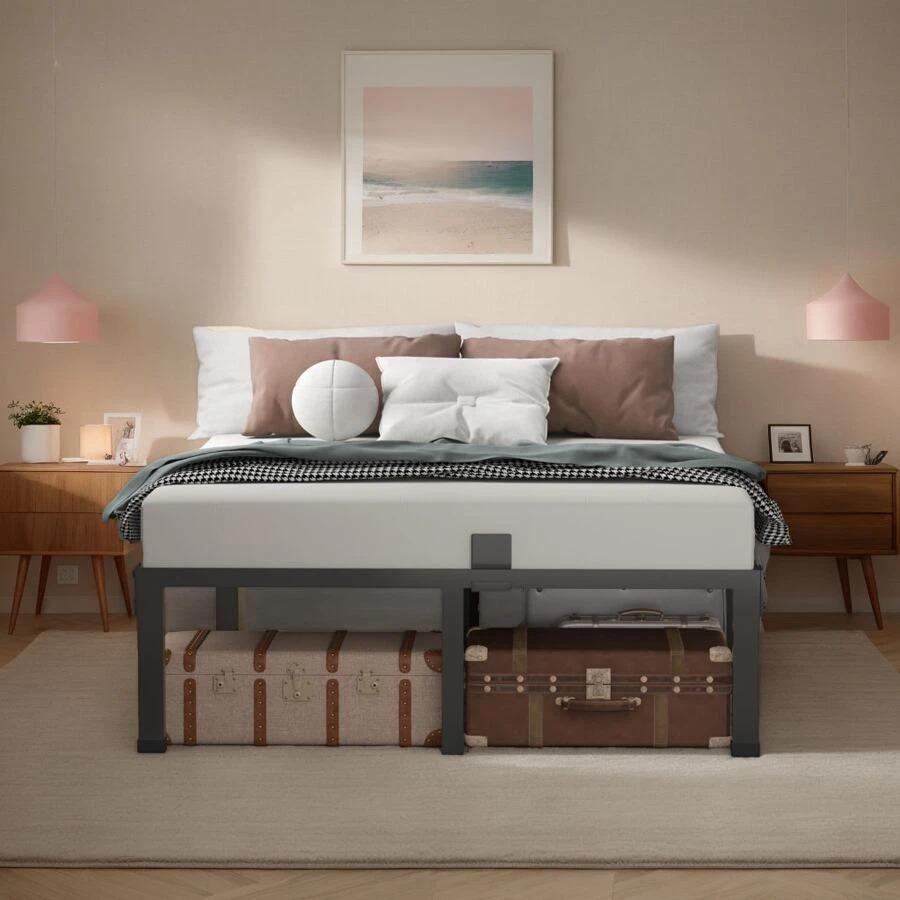 Heavy Duty Black Metal Bed Frame 14 Inch, Steel Slats Support, No Box Spring Required, Easy Assembly, Under Bed Storage, Twin/Full/Queen/King Sizes