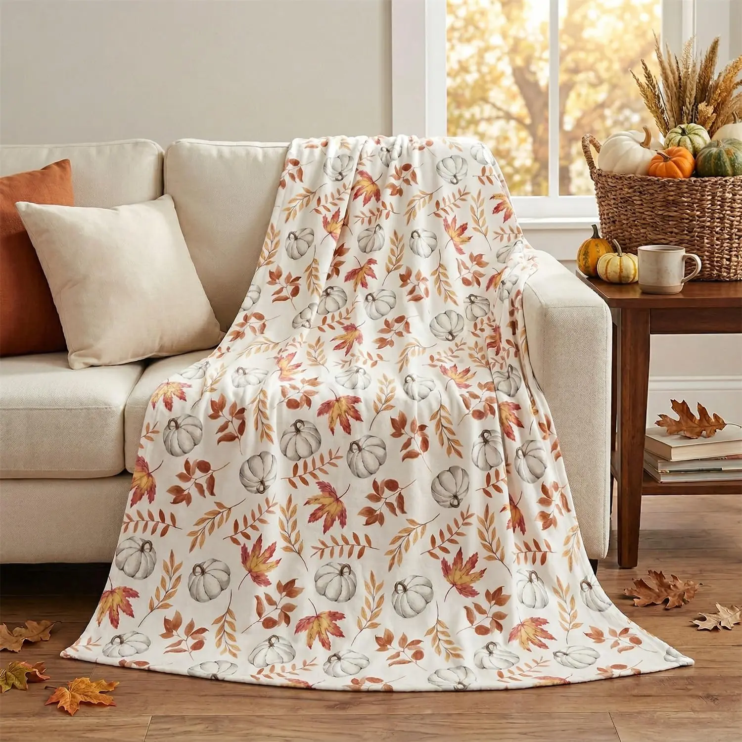 40x50 in Modern Fall Flannel Throw Blanket - Warm & Cozy Blankets with White Pumpkin Leaves Design, Fuzzy Texture Soft Plush Synthetic Fiber Fleece, Fade Resistant for Couch Lounge, Ideal Adult Gift