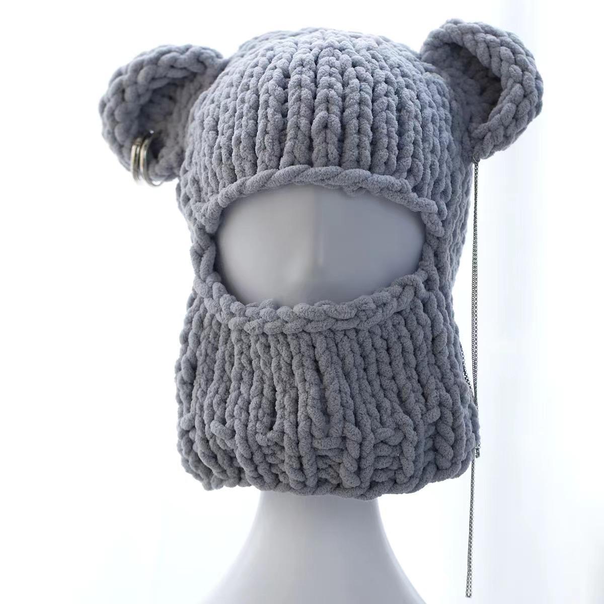 Cozy Bear Ear Beanie Hat for Women & Men - Warm Knitted Winter Cap with Fuzzy Ears, Unisex Street Fashion Balaclava Style Hip Hop Hat