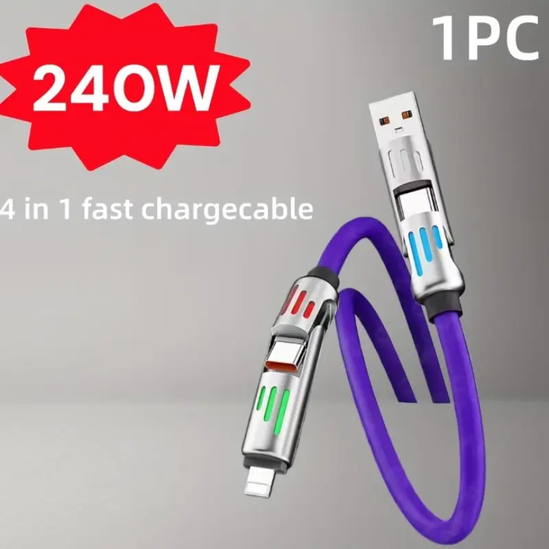 4-In-1 240w Fast Charging Cable, Multi-Port USB-C Data Cable with LED Lights, Compatible with iPhone, Samsung, Xiaomi, Oppo, Vivo, Android Devices