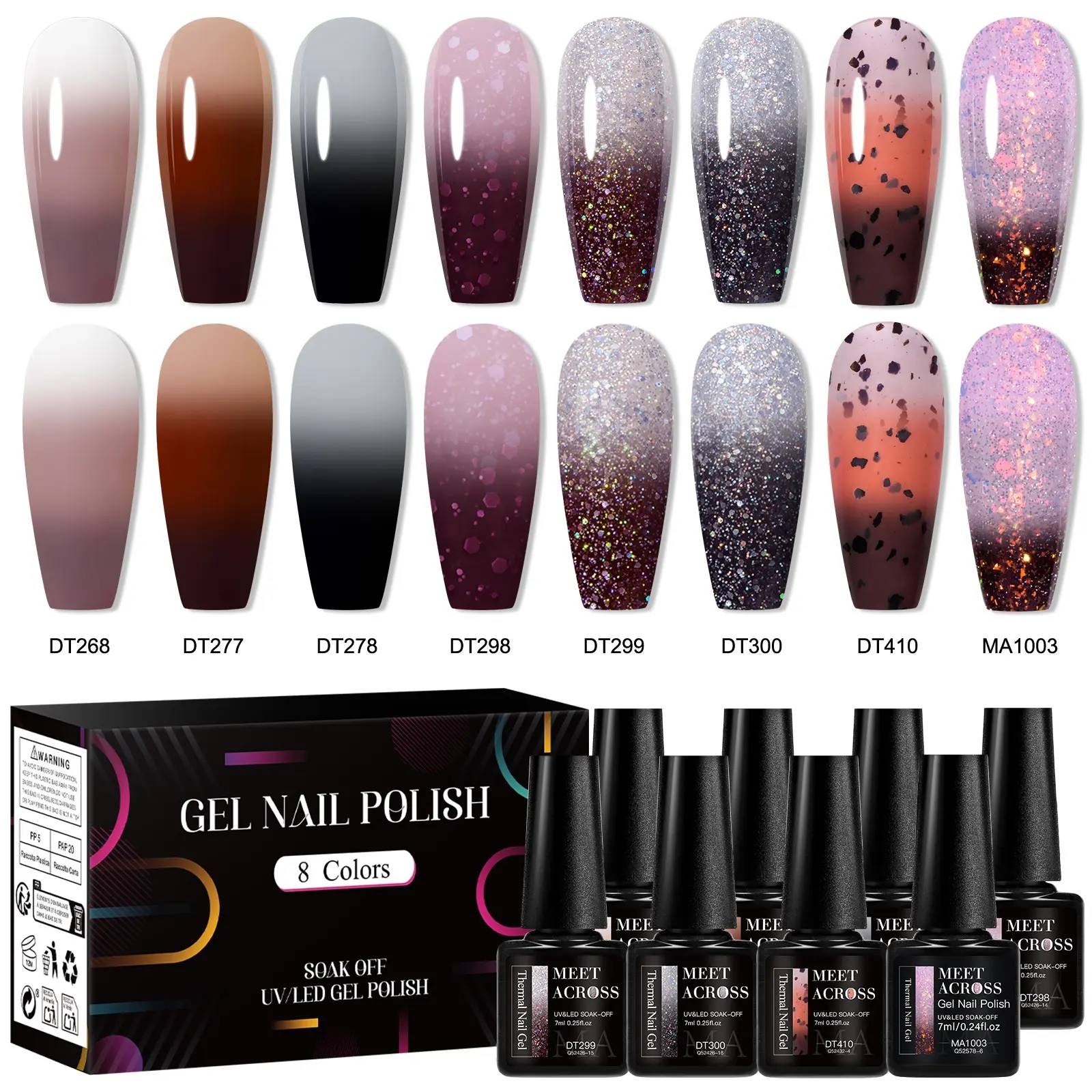 MEET ACROSS 8pcs Dark Color Thermal Gel Nail Polish Set, 8 Colors Brown Serie Glitter Color-changing Soak Off Gel Winter Color Semi Permanant For Manicure Nail Art Varnish Manicure Gels