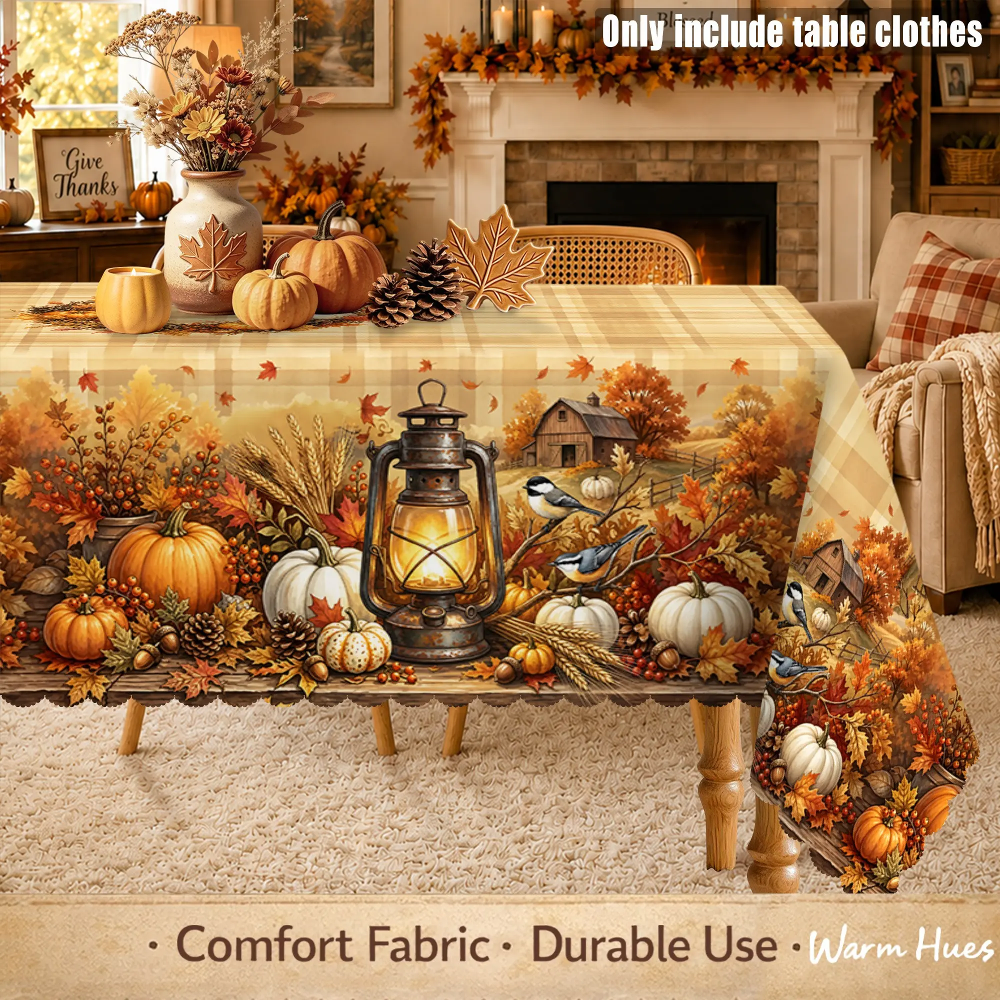 Vintage Autumn Harvest Tablecloth, Pumpkin Maple Lantern Pinecone Bird Patterns, Buffalo Check Design, Thanksgiving Kitchen Decor, Indoor Outdoor Use, Gift Idea