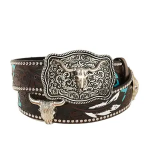 Western Cowboy Belt with Dual 3D Bull Head Buckle & Feather Inlay