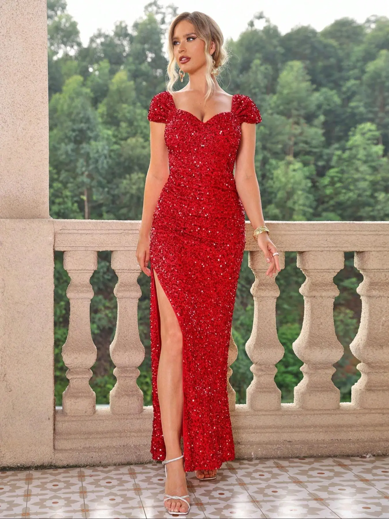 Joyfunear One-Shoulder Heart-Neck Sequin Mermaid Evening Dress with Side Slit and Pleated Fitted Design for Formal Parties and Banquets