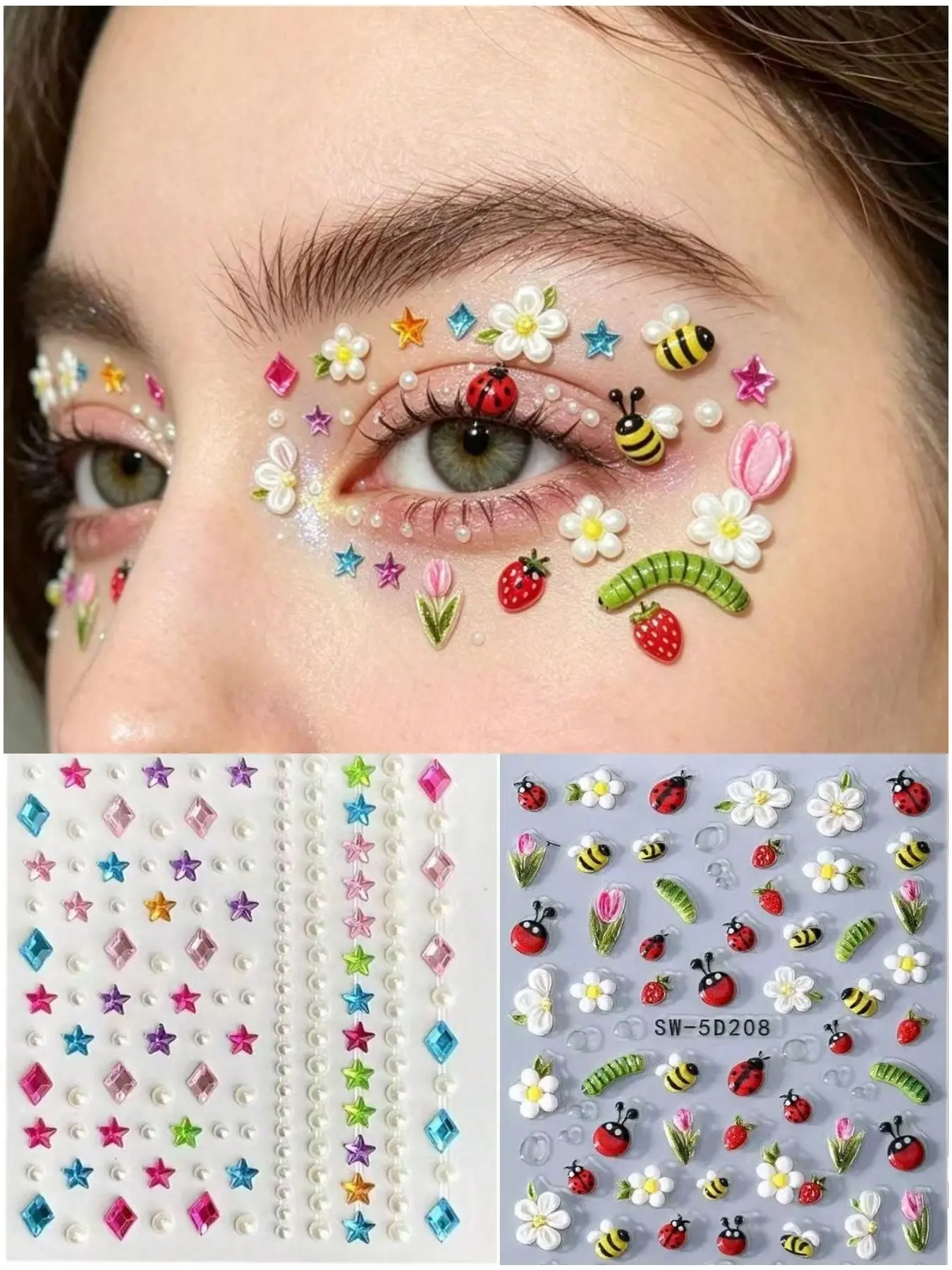 3D Floral & Insect Eye Makeup Stickers, Colorful Rhinestone Face Gems, Festival Carnival Face Jewels, DIY Makeup for Parties & Concerts
