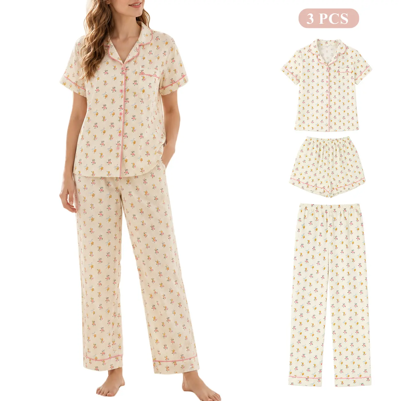 Arssm Womens 3pcs Cotton Pajamas Set Floral Print Short Sleeve Sleepwear Cute Pj Sets with Shorts and Long Pants
