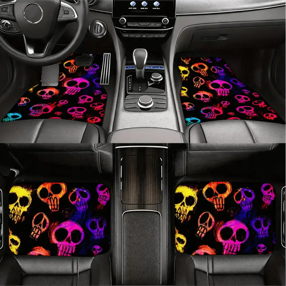 Neon Gothic Style, Car Floor Mats, Vibrant Rainbow Skull Pattern, Non-Slip Rubber Backing With Waterproof Fabric Surface, Universal Fit For Sedan Suv Truck Drivers And Passenger Protection, Full Set Of 4 Pieces Front And Rear Liners