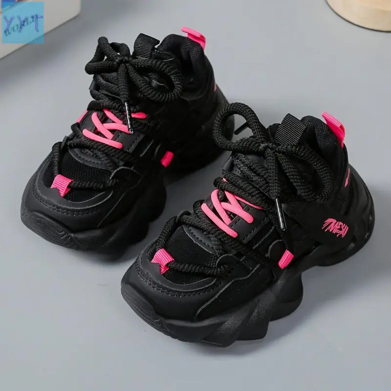 YYT1 (New) Girls' Low-Top Shoes: Black & Pink Colorblock!✨         Lightweight PU + breathable lining – Perfect for toddlers and boys aged 4-12 years.|         Comfortable fit for school//play – Active shoes!