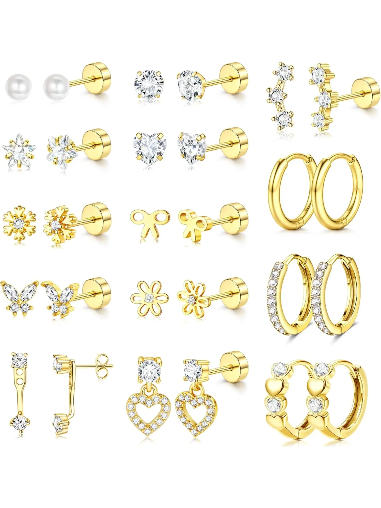 14 Pairs Stainless Steel Flat Back Earrings for Women Girls 14k Gold Plated Surgical Earrings Pink CZ Flatback Studs Earrings Set Hoops Earrings for Cartilage Piercing Helix Piercing Jewelry Hypoallergenic