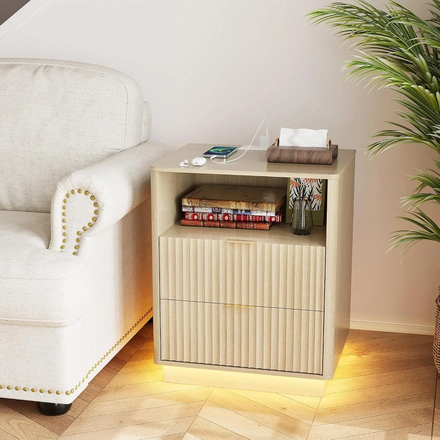 Fluted Nightstand with Charging Station, Wooden Night Stand with LED Light, Modern Mid Century Bedside End Table with 2 Drawers, 20" w x 15.7" d x 24" h, for Bedroom, Light Oak