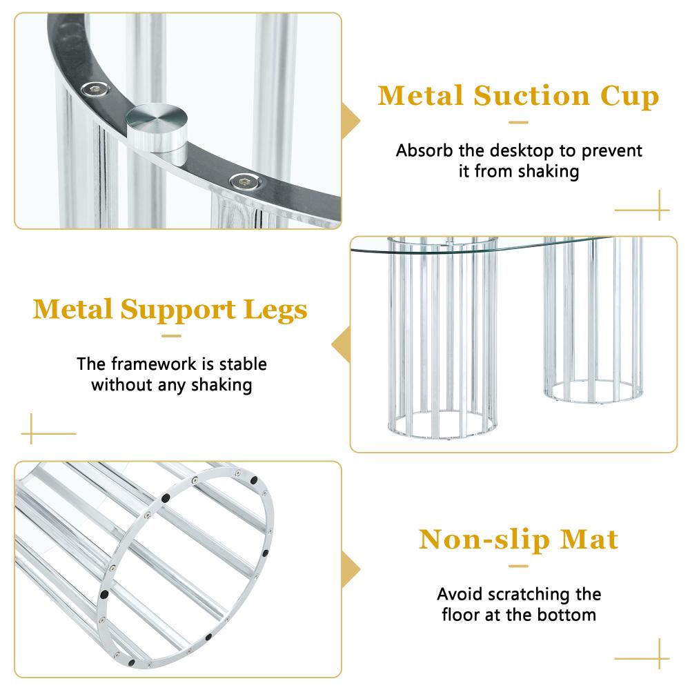 71 inch oval tempered glass dining table,black double column light luxury style,tempered glass scratch resistant and easy to clean.Suitable for 6-8 people dining, modern light luxury restaurant table.